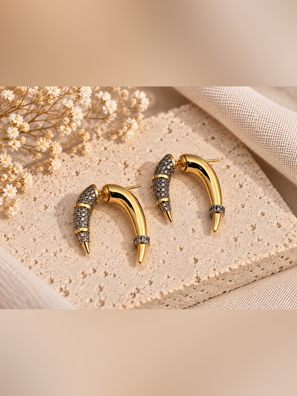 Vintage Style Gold Crystal Horn Statement Earrings